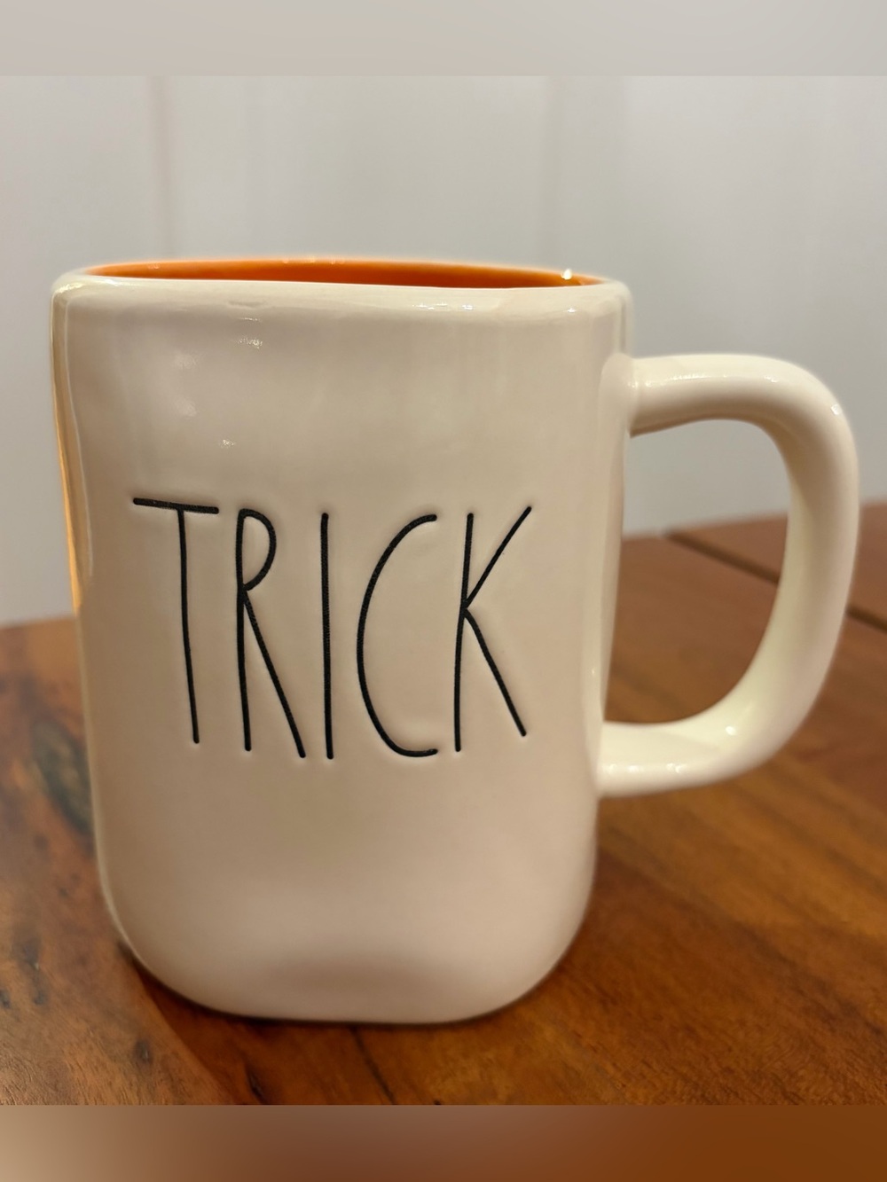 Rae Dunn Halloween "TRICK OR TREAT" Double-Sided Mug Orange Interior Rustic